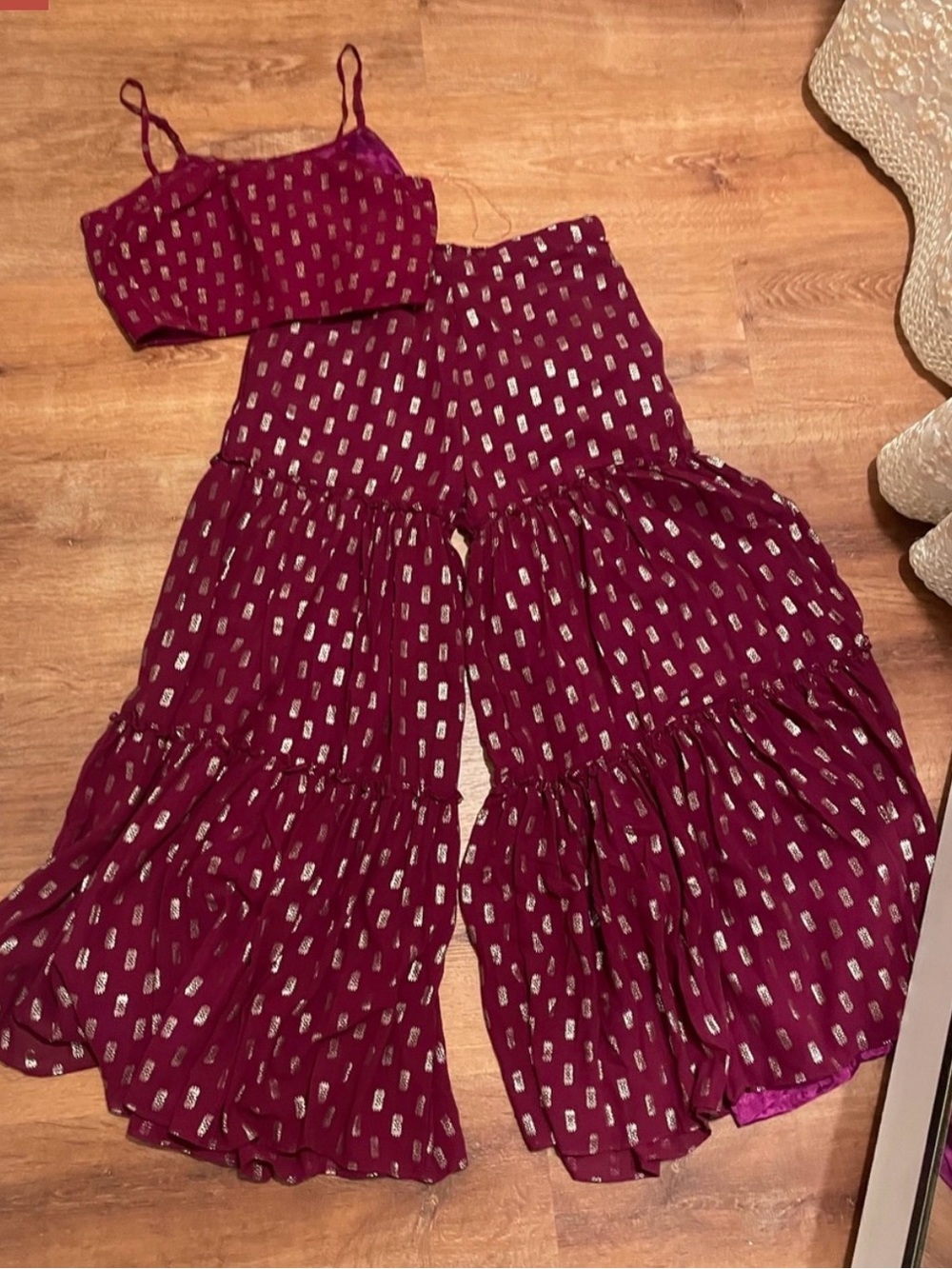 Tiered Wide-Leg Jumpsuit in Deep Burgundy with Metallic Accents